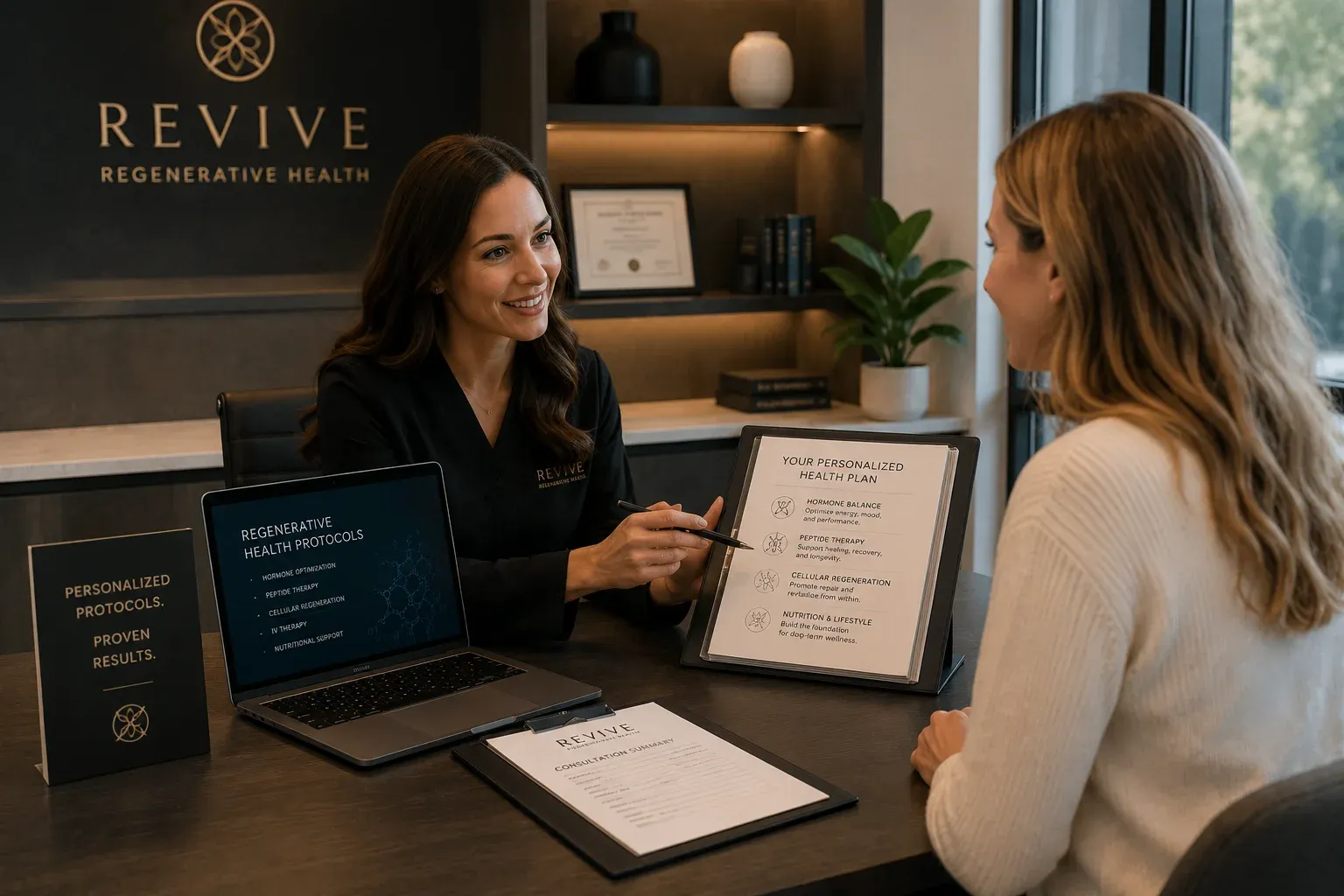 Regenerative health clinic consultation coordinator reviewing membership protocol options with prospective patient showing trust-based enrollment conversation