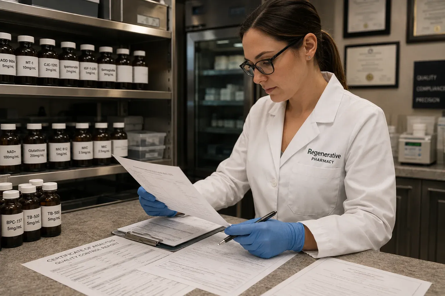 A clinical supply quality control environment — a professional pharmacist or lab technician in a white coat reviewing batch testing documentation at a clean organized workstation