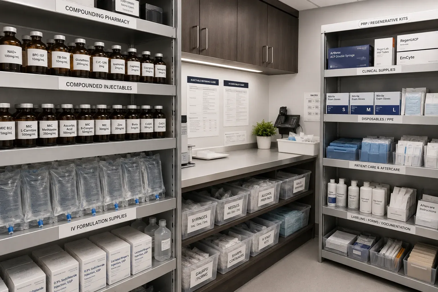 Regenerative health clinic supply room showing organized compounding pharmacy compounds PRP kits and clinical materials from vetted suppliers
