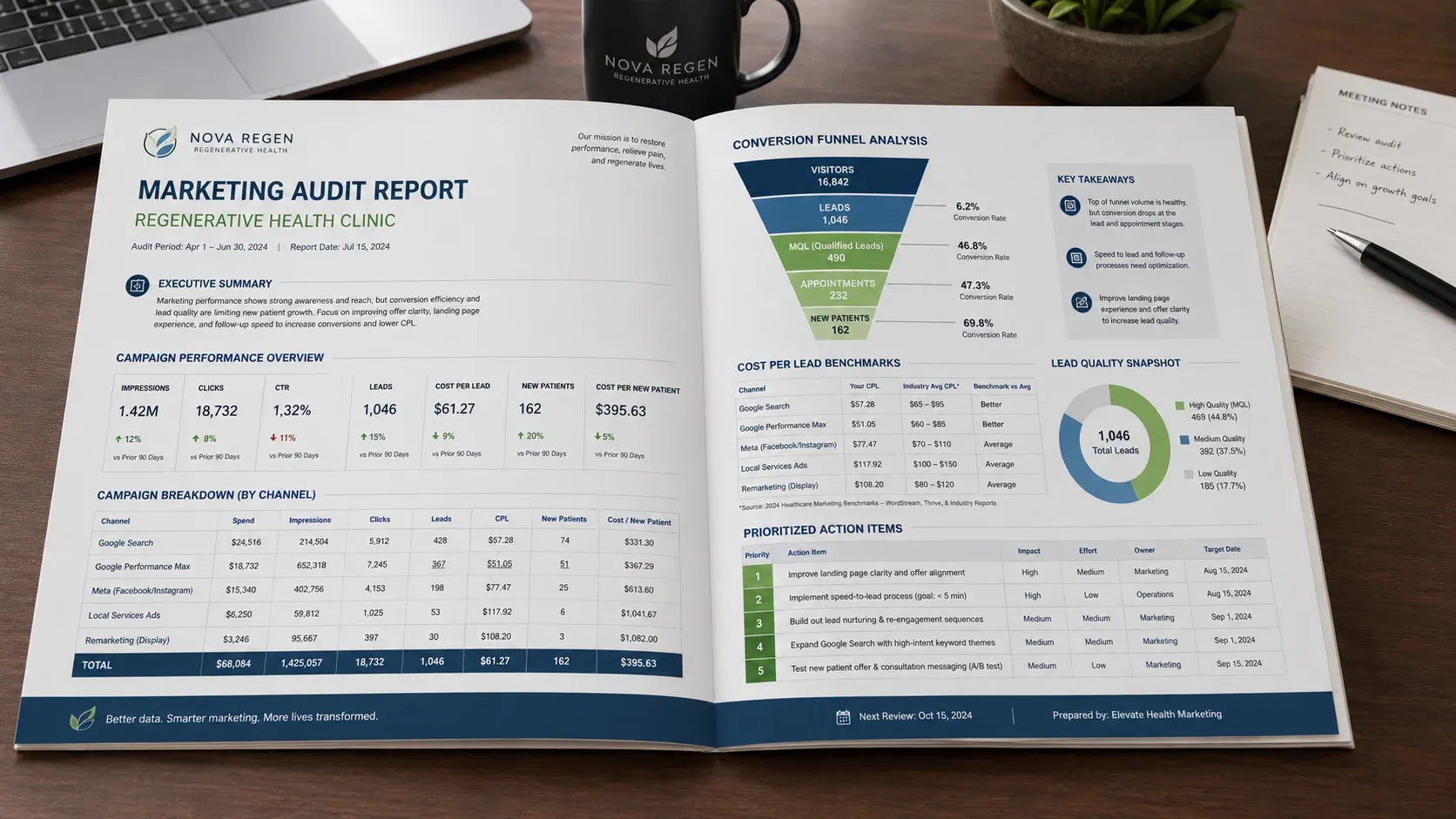 Regenerative health clinic marketing audit report showing conversion funnel metrics cost per lead and prioritized optimization action items Regenerative health clinic marketing audit report showing conversion funnel metrics cost per lead and prioritized optimization action items