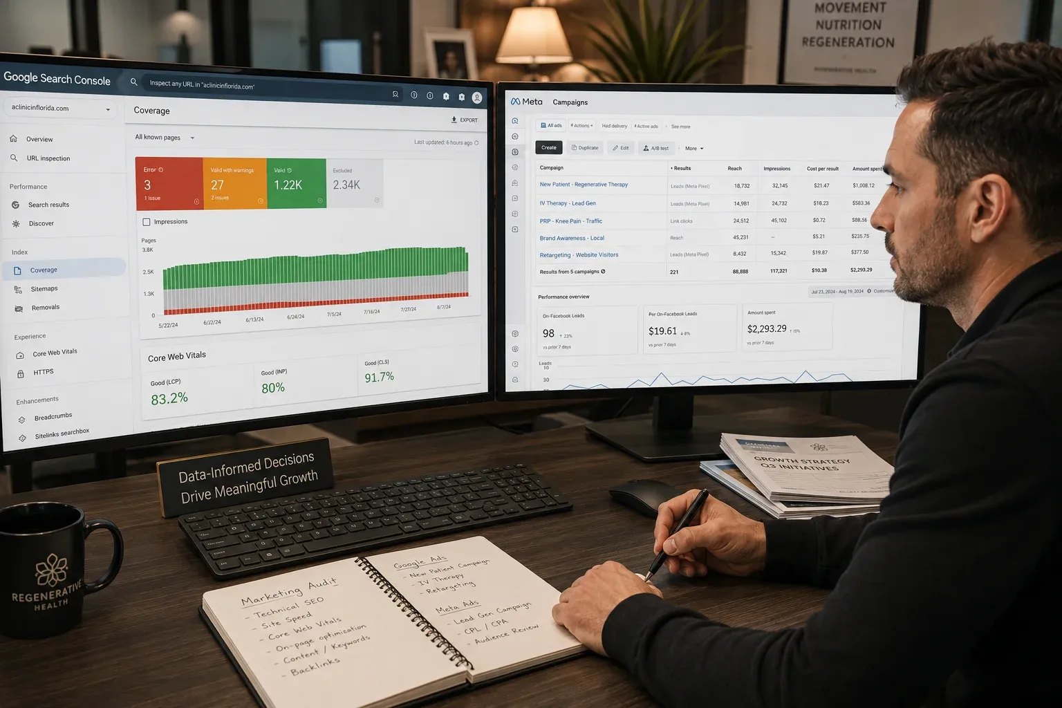 One screen shows a Google Search Console dashboard with the Coverage and Core Web Vitals reports visible — showing indexed pages, any errors, and performance metrics. One screen shows a Google Search Console dashboard with the Coverage and Core Web Vitals reports visible — showing indexed pages, any errors, and performance metrics.