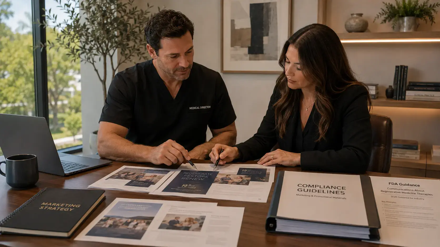 Stem cell clinic entrepreneur and medical director reviewing marketing materials against compliance guidelines showing independent clinic control Stem cell clinic entrepreneur and medical director reviewing marketing materials against compliance guidelines showing independent clinic control