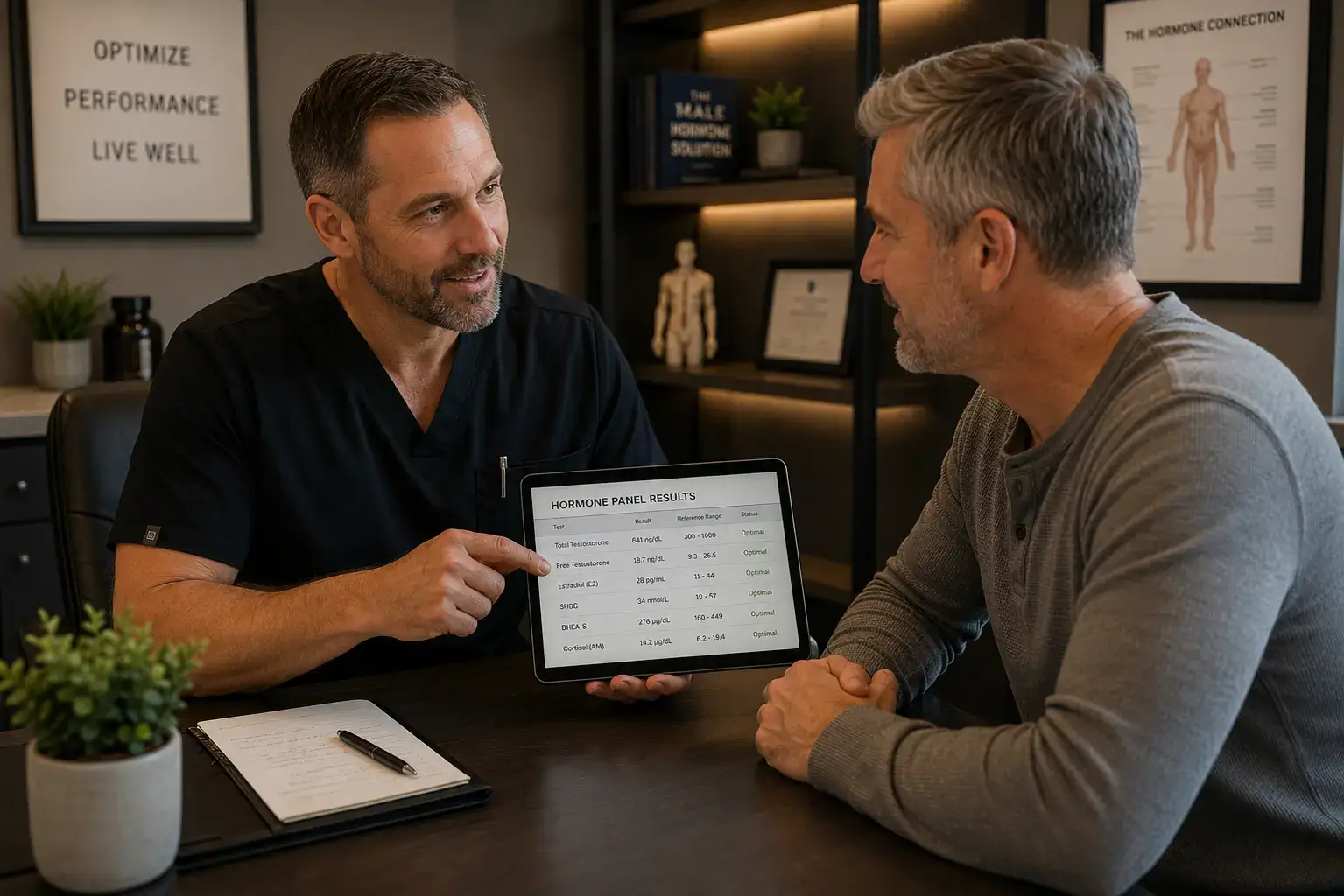Existing practice provider reviewing hormone panel results with established patient during service expansion consultation