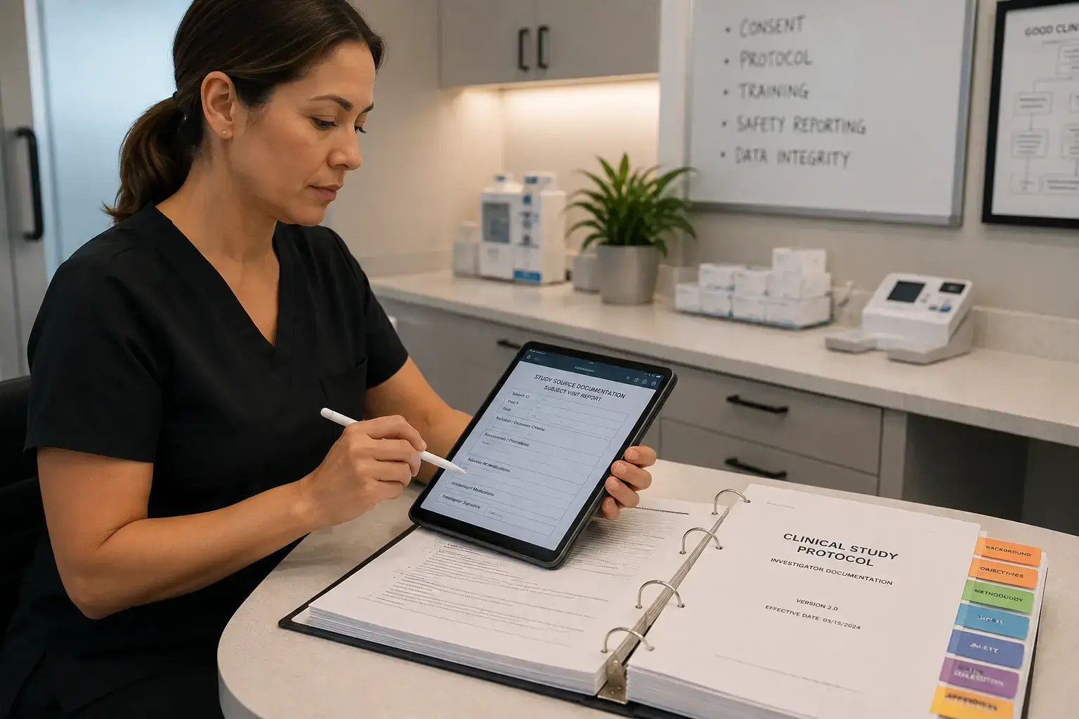 Clinic staff completing investigational study documentation under IRB protocol oversight for GLP-1 program