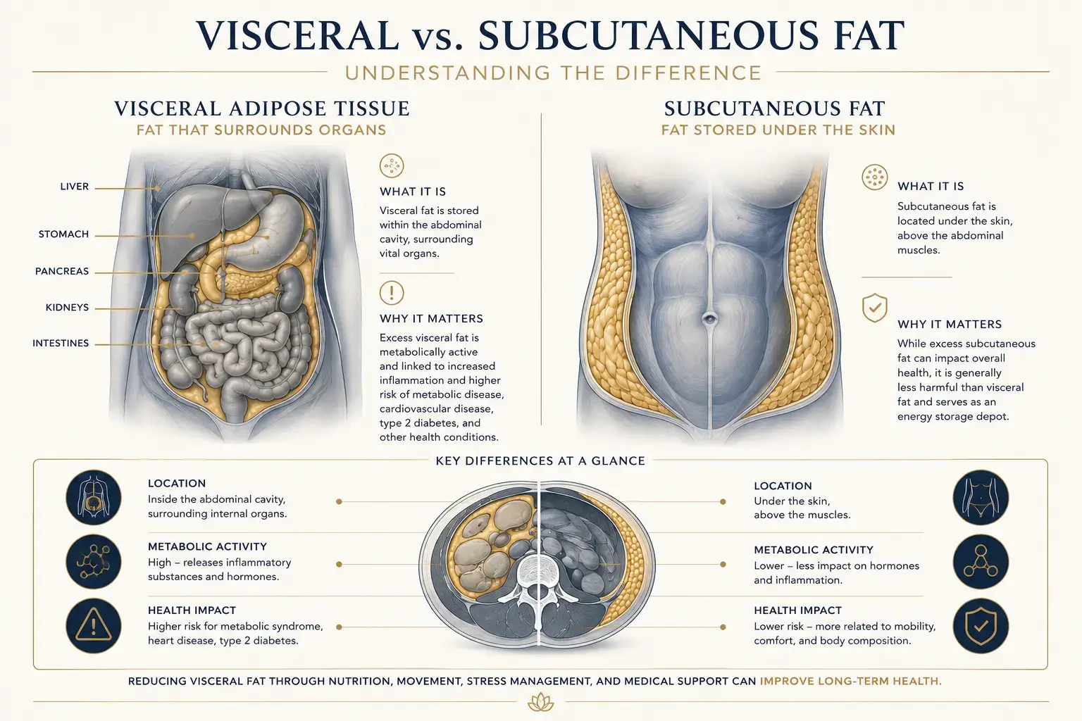 Clinical diagram distinguishing visceral adipose tissue from subcutaneous fat for metabolic clinic patient education