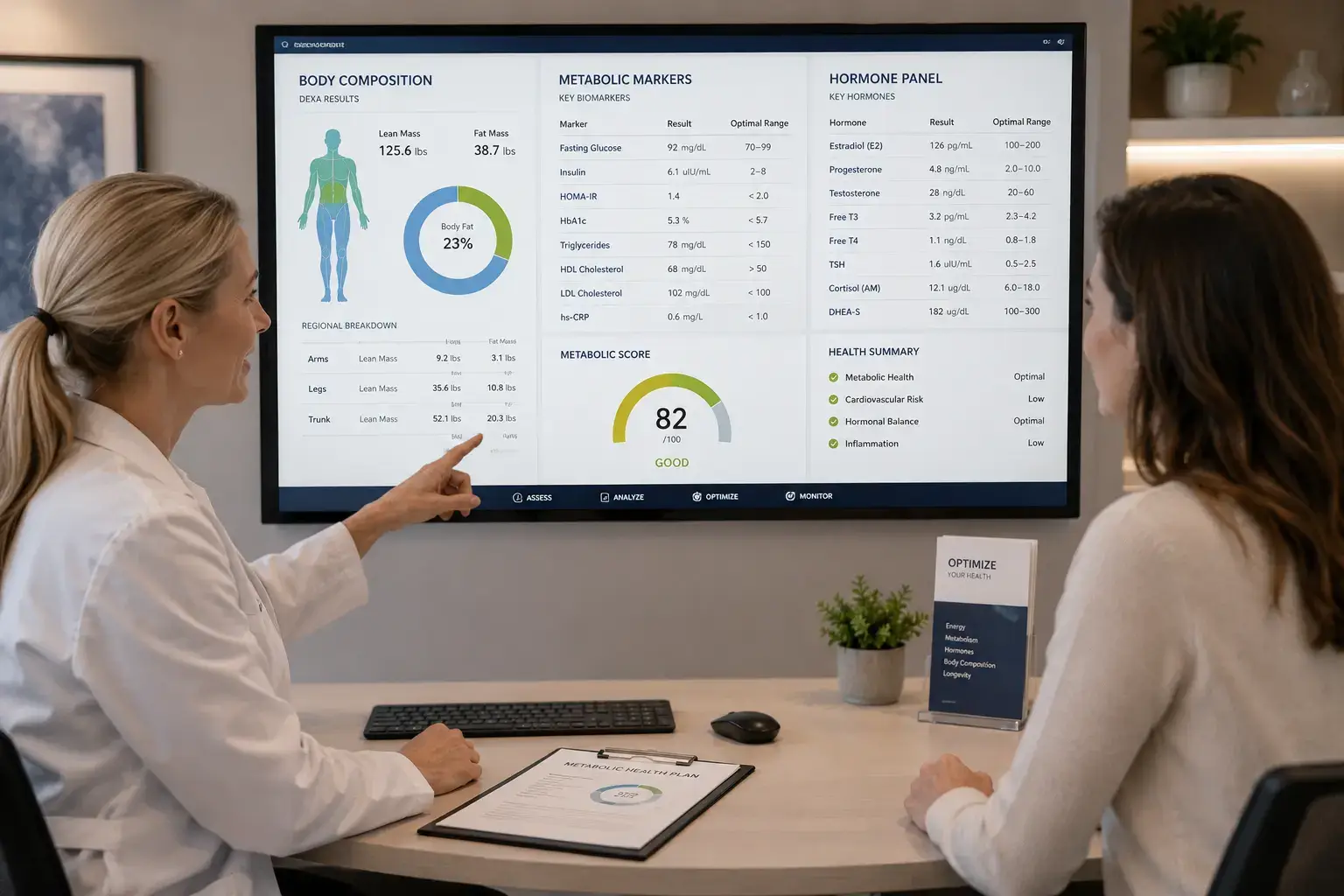 Body composition analyzer in medical weight loss clinic showing lean mass and fat mass assessment capability