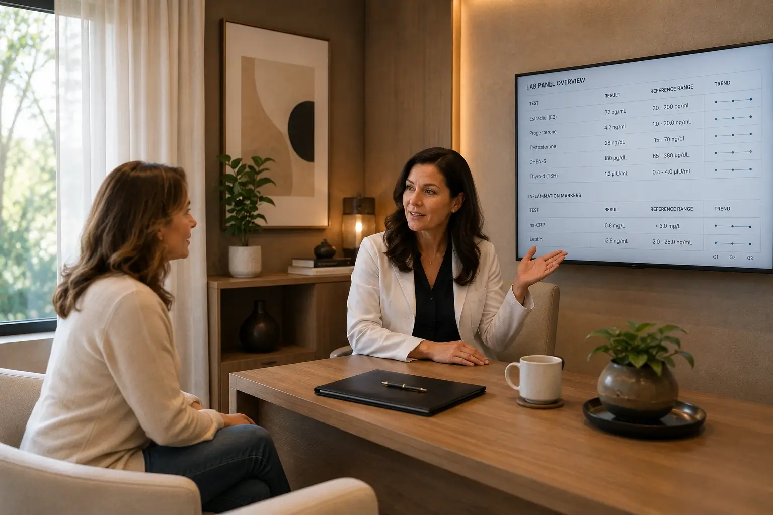 Clinician reviewing hormone panel results and FDA-approved therapy options with patient in consultation