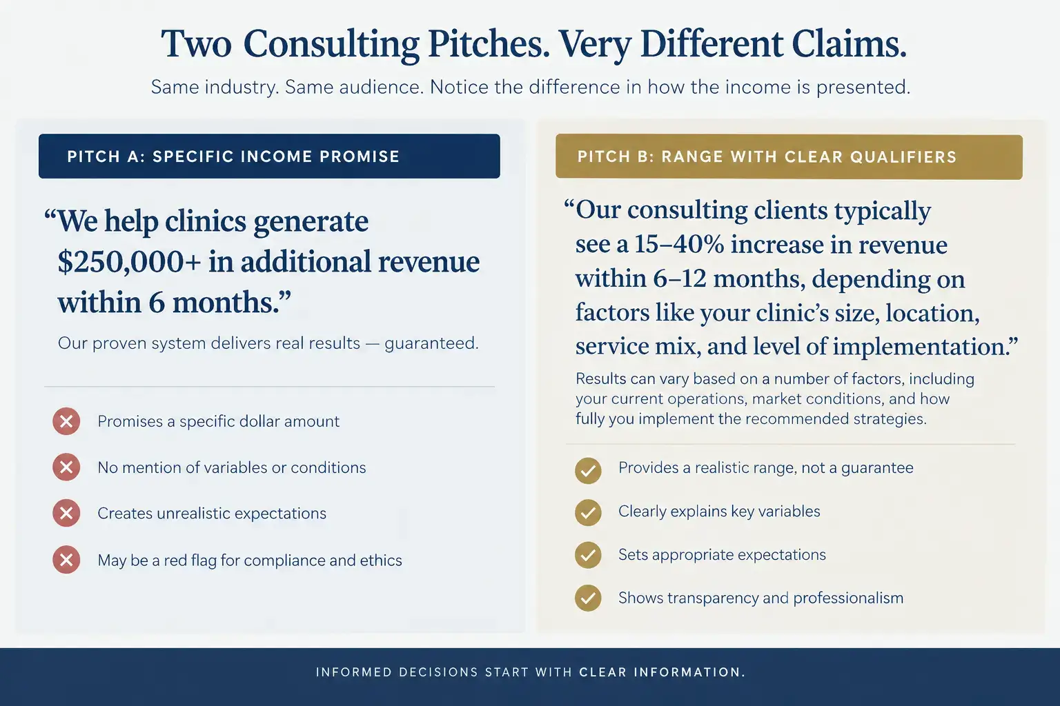Comparison of a deceptive income promise versus a substantiated earnings range in clinic consulting Comparison of a deceptive income promise versus a substantiated earnings range in clinic consulting