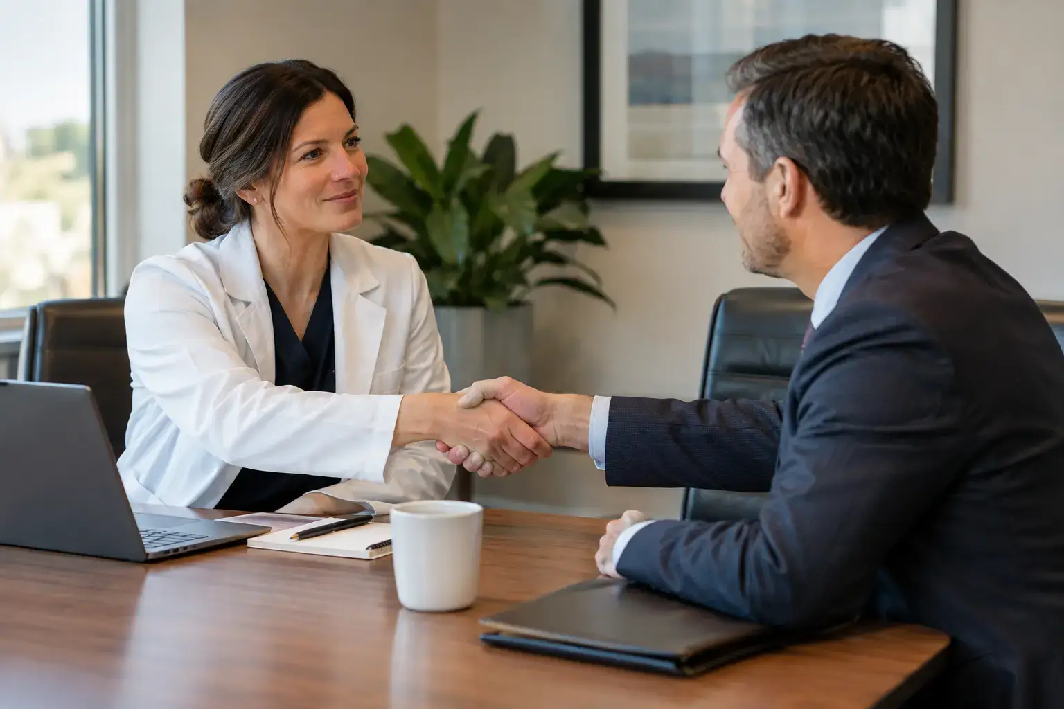 Clinic owner reviewing regenerative health clinic compliance requirements with healthcare counsel Clinic owner reviewing regenerative health clinic compliance requirements with healthcare counsel