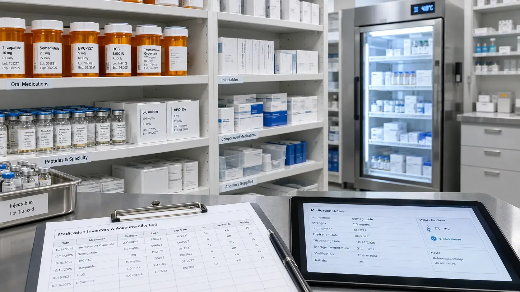 Compliant clinical supply storage showing licensed pharmacy sourced medications and documentation Compliant clinical supply storage showing licensed pharmacy sourced medications and documentation