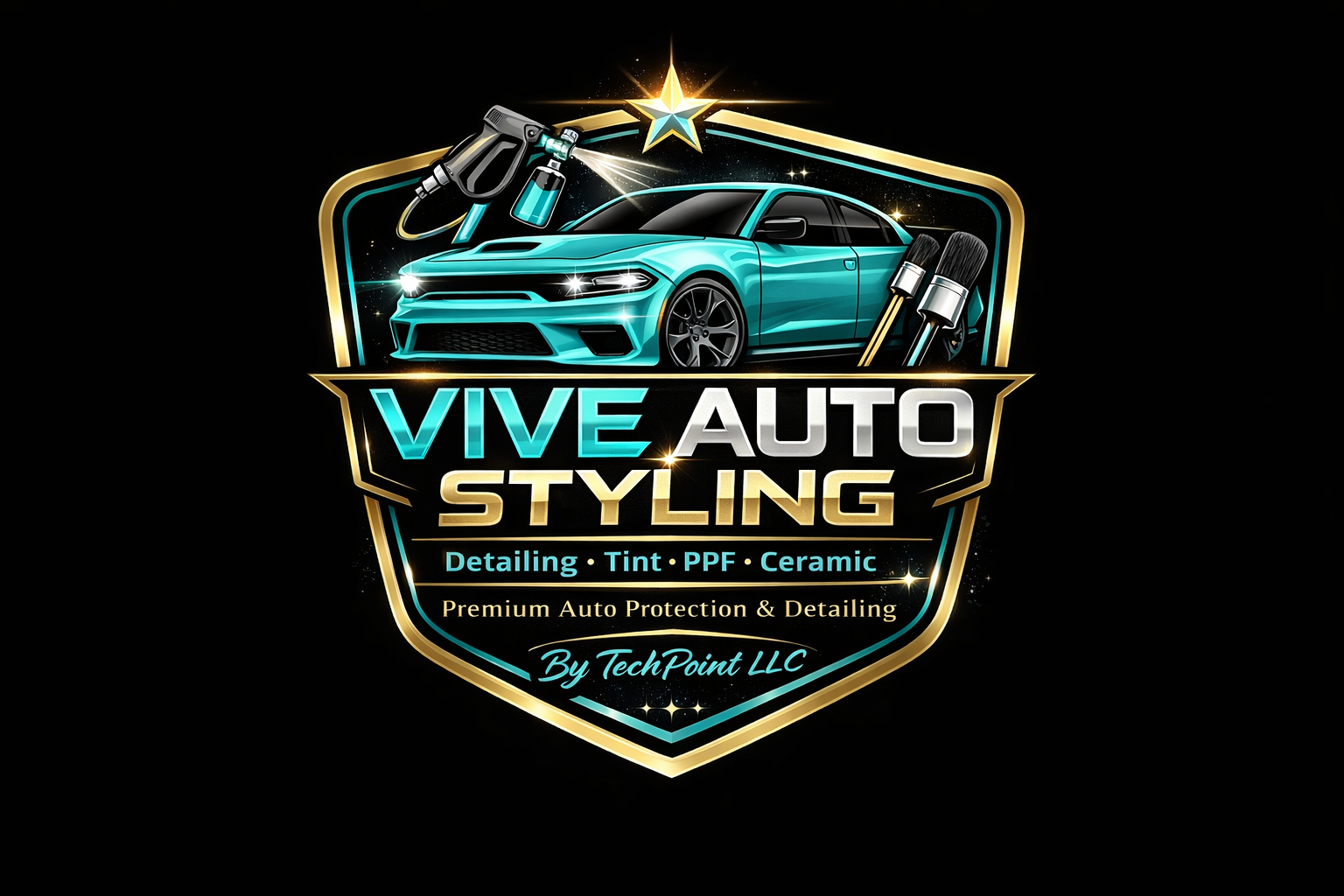 VIVE Auto Styling logo featuring a turquoise car, detailing tools, and text highlighting services like detailing, tint, PPF, and ceramic, emphasizing premium auto protection and detailing in Casper, WY.