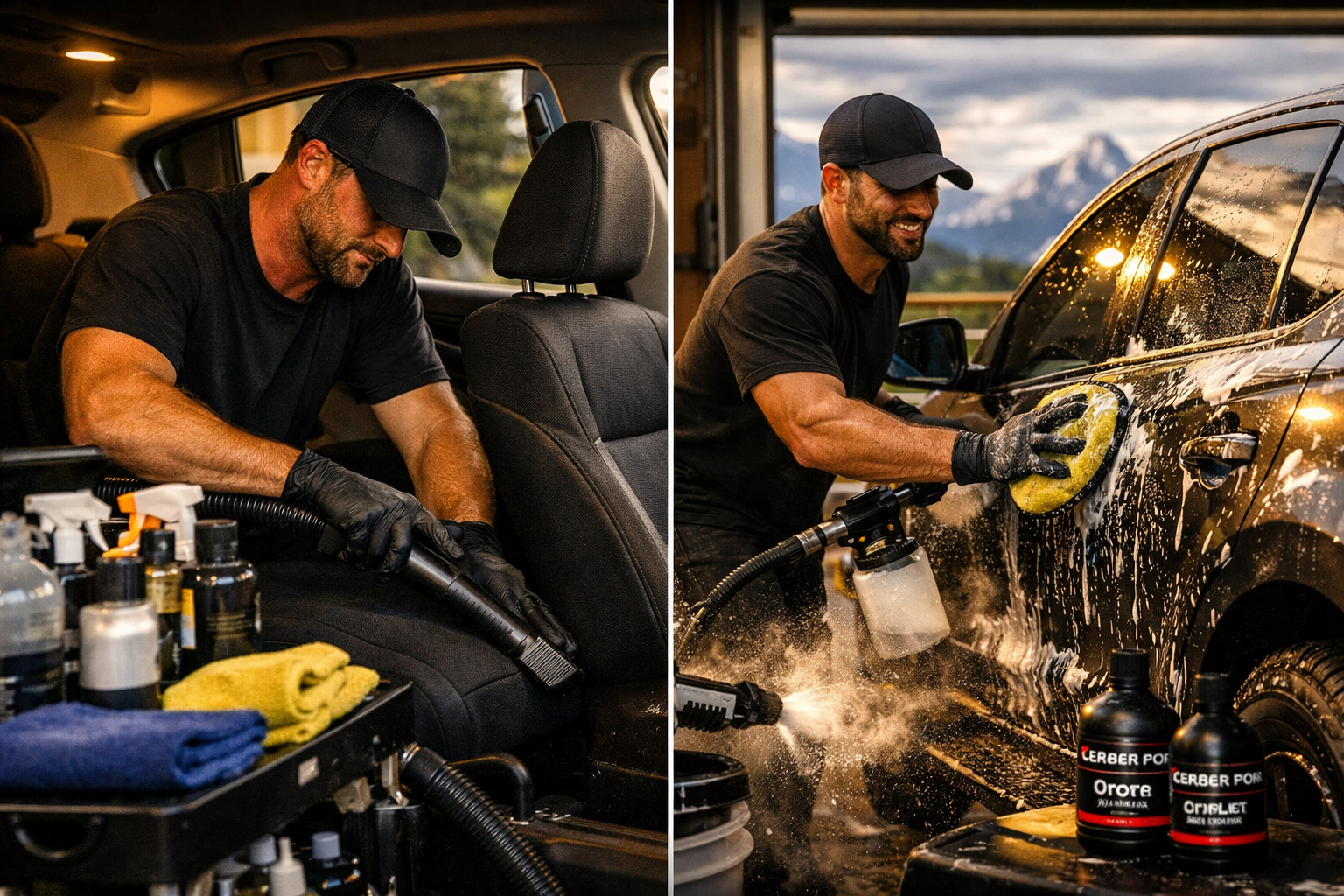 Man vacuuming car interior and washing exterior with foam, showcasing VIVE Auto Styling's luxury auto detailing services and eco-friendly products.
