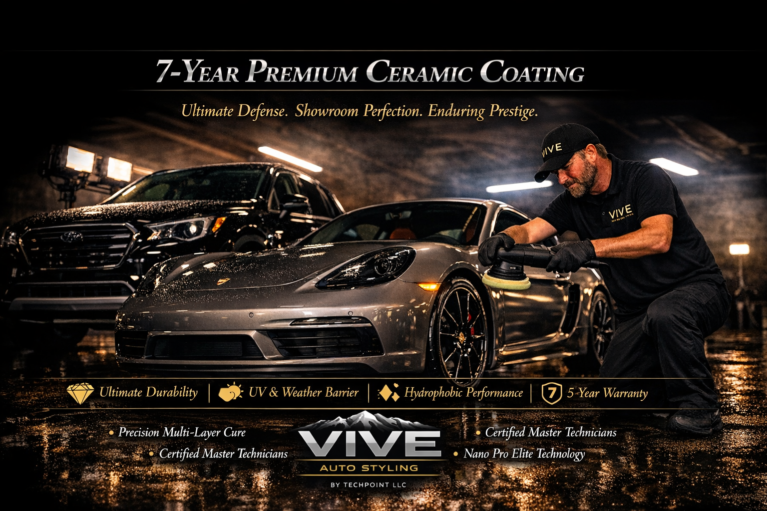 7-Year Premium Ceramic Coating advertisement featuring a technician applying a ceramic coating on a luxury vehicle, emphasizing durability, UV protection, and hydrophobic performance, with VIVE Auto Styling branding.