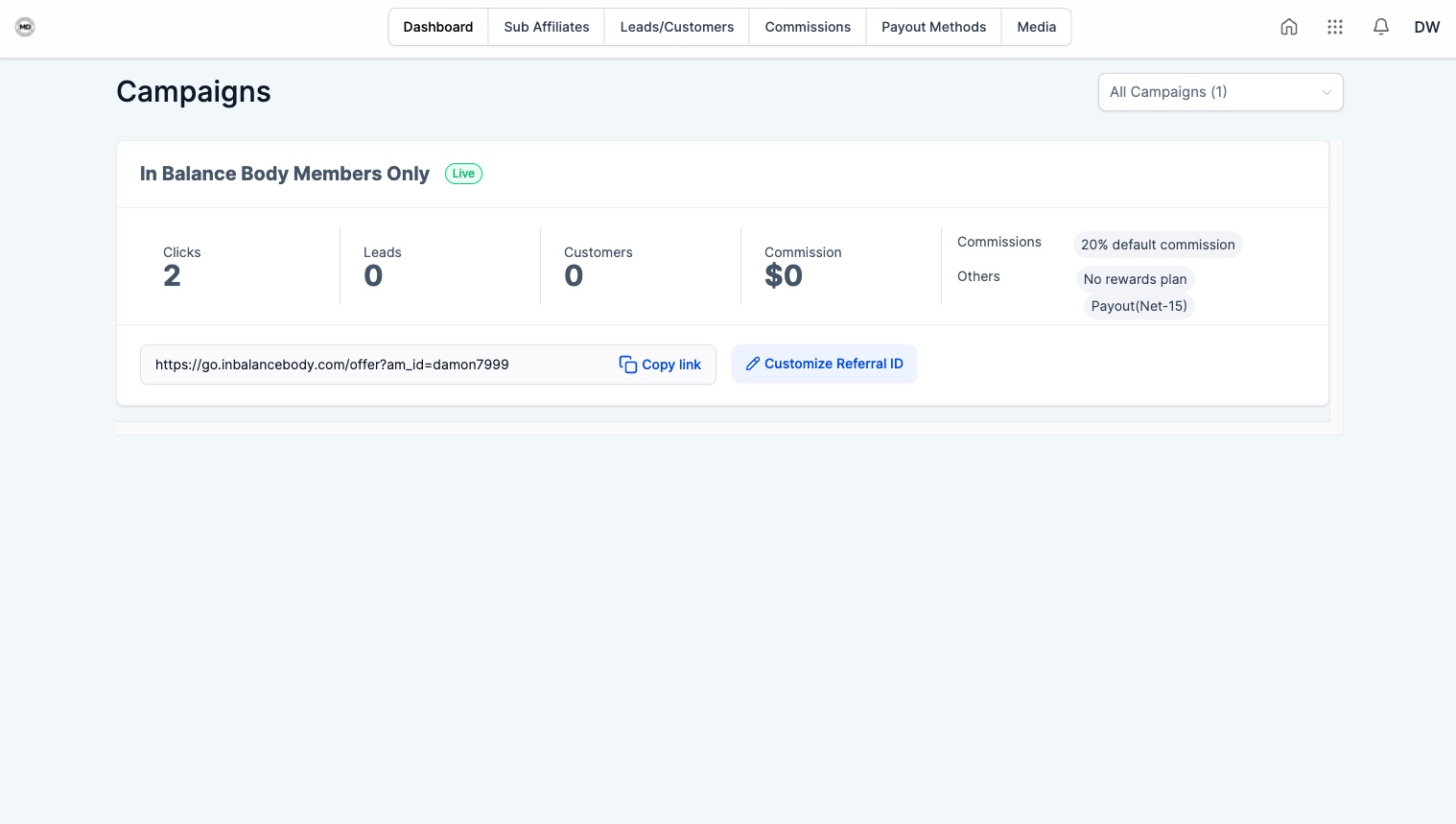 Copy referral link from Campaigns page