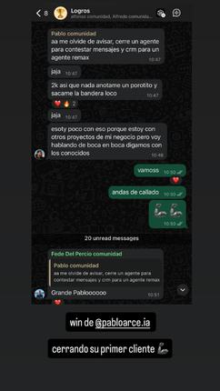 Captura del grupo: Pablo Arce, 2K su primer cliente