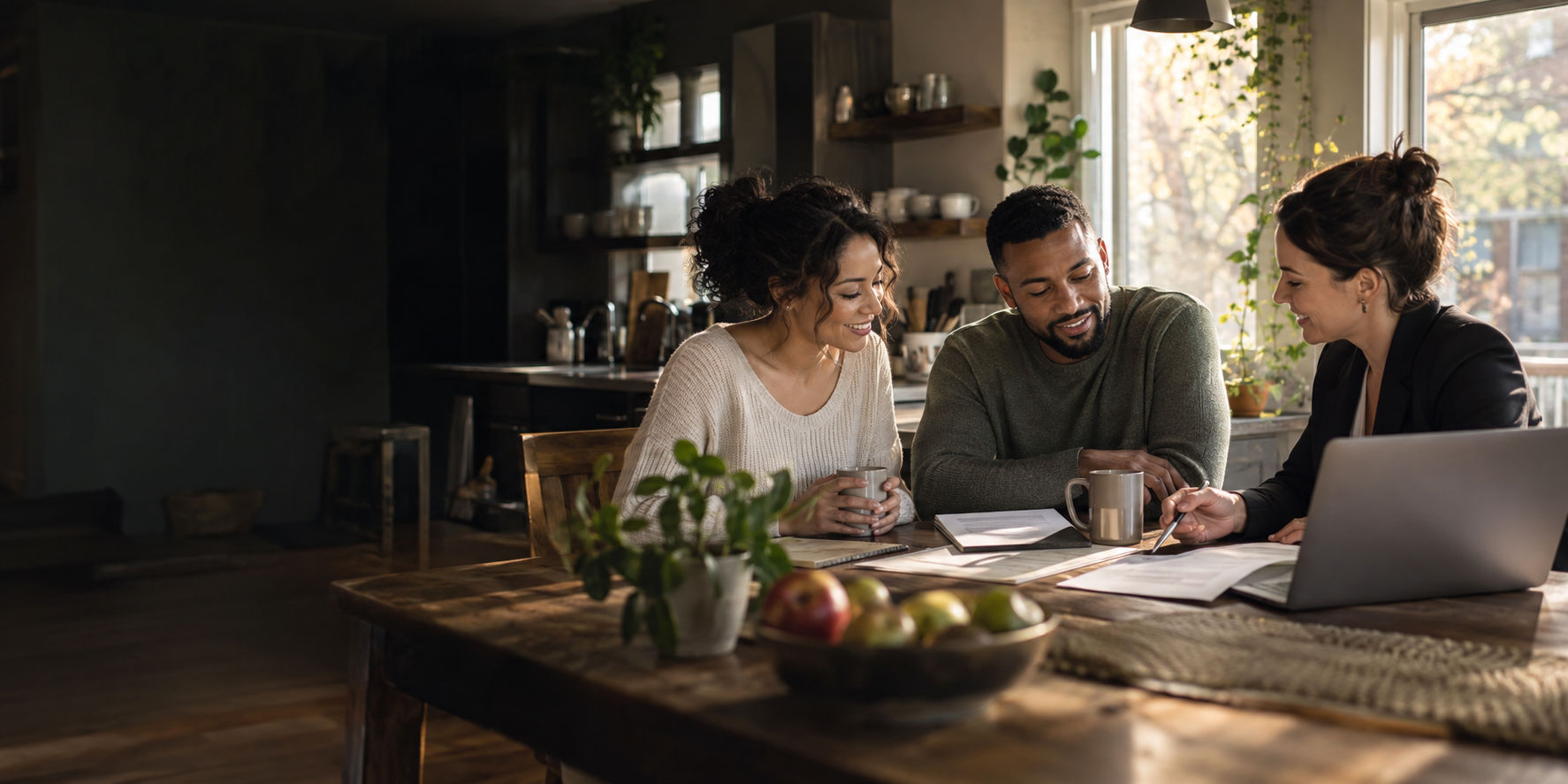 Household reviewing a budget and credit goals together