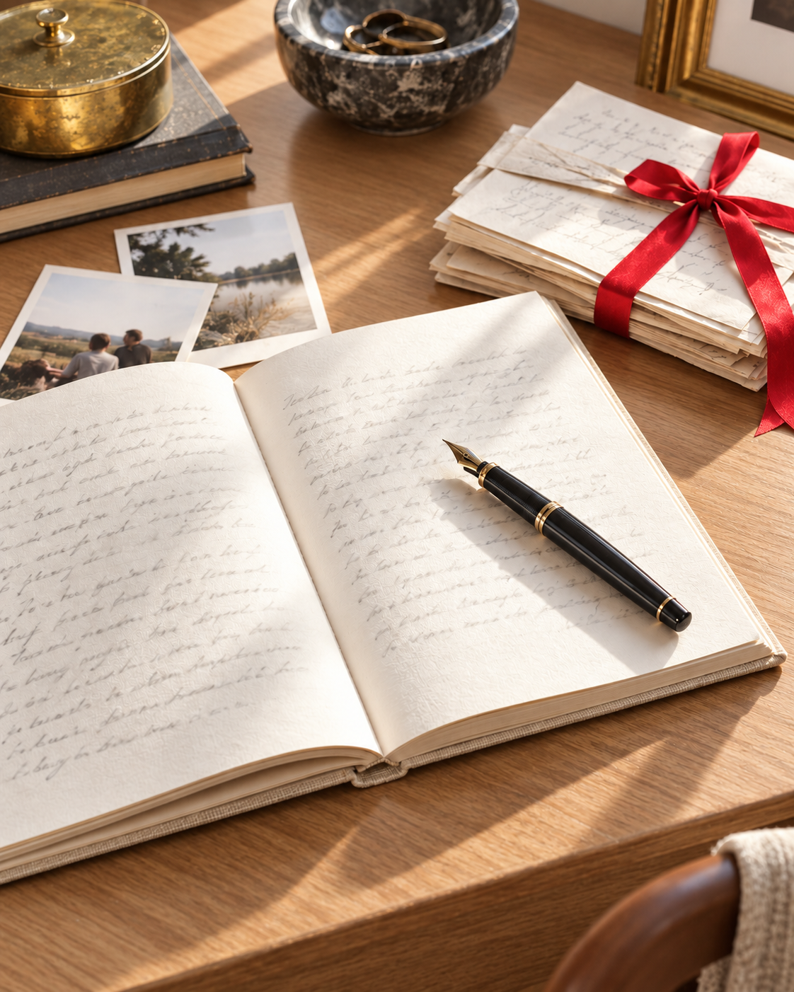 Cuaderno abierto, cartas y fotografías bajo luz natural