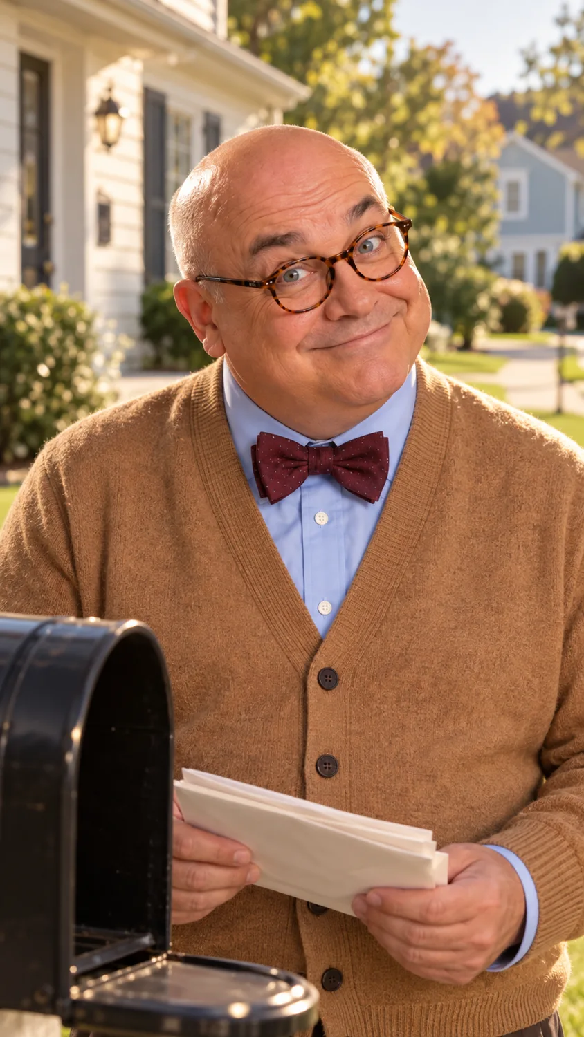 Mr. Will Due smiling beside a neighborhood mailbox, holding a stack of envelopes