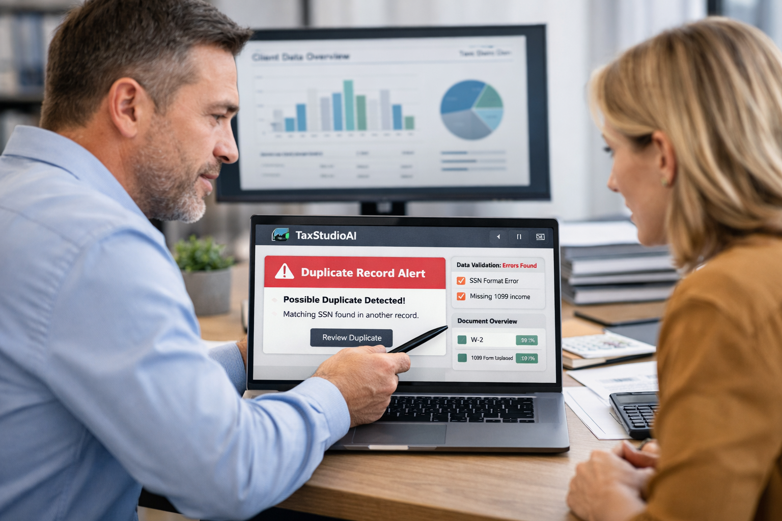 Organized tax preparation workspace with a computer displaying structured client tax data, illustrating how digital workflows reduce duplicate records and data entry mistakes.