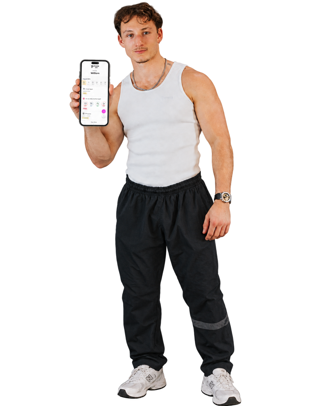 Polarize coach holding a phone displaying the POLARIZE TRAIN app