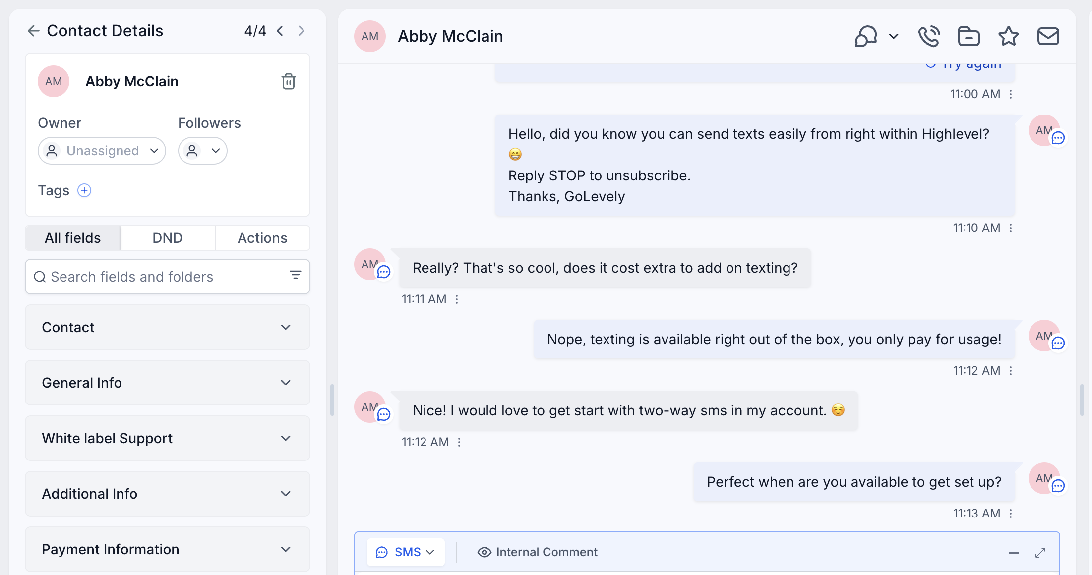 GoHighLevel CRM contact record with two-way SMS follow-up automation. GoHighLevel CRM contact record with two-way SMS follow-up automation.