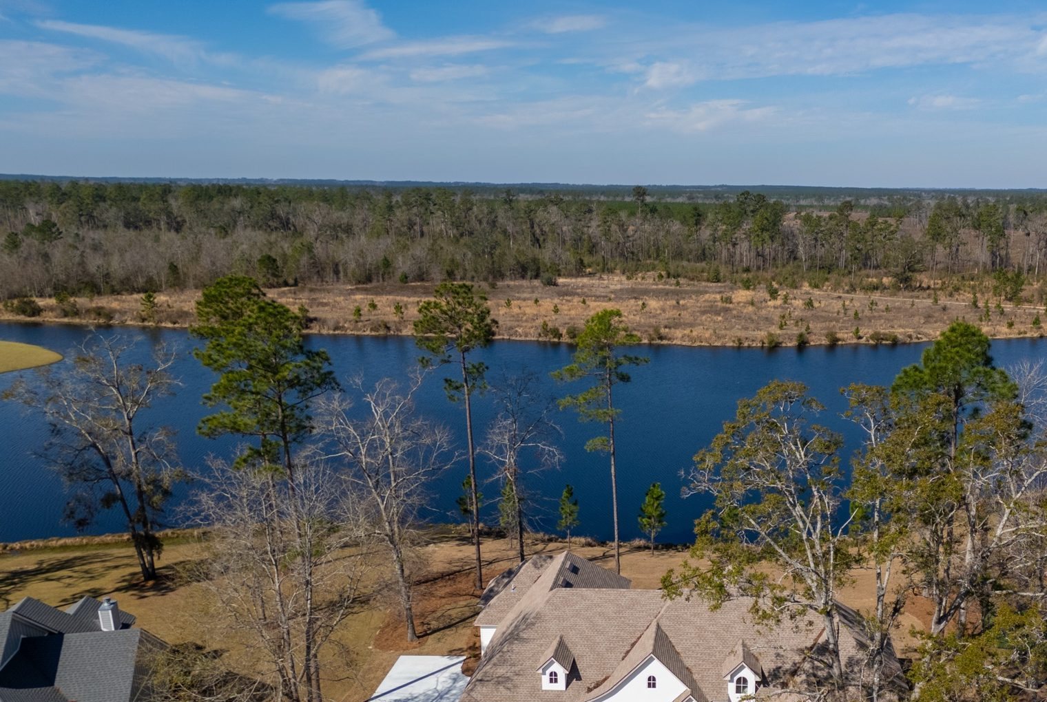 Aerial view of a LaCatalina home on a wooded lot beside a lake