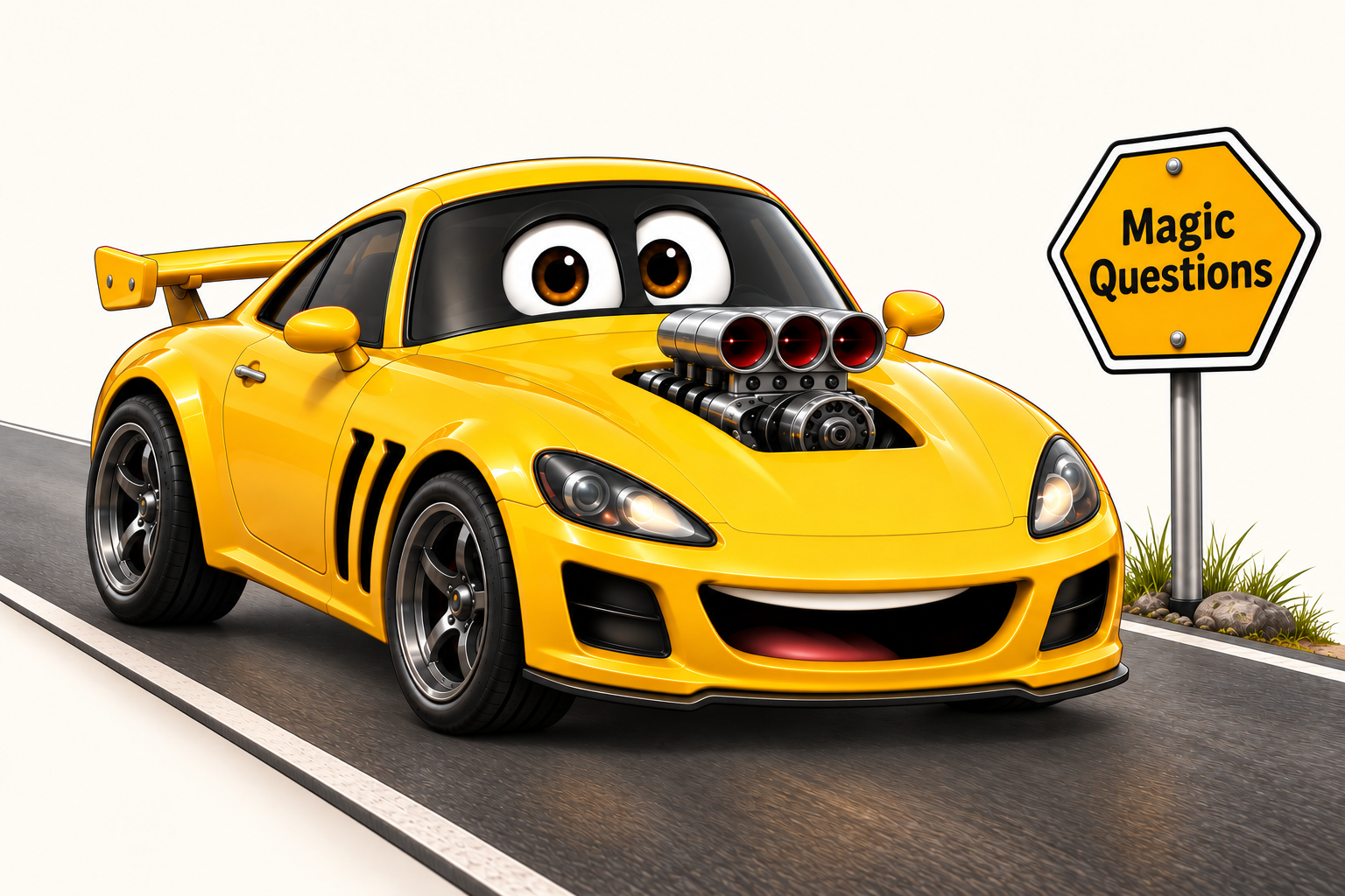 Doug, the Get Happier car travelling along a road beside the Magic Questions sign
