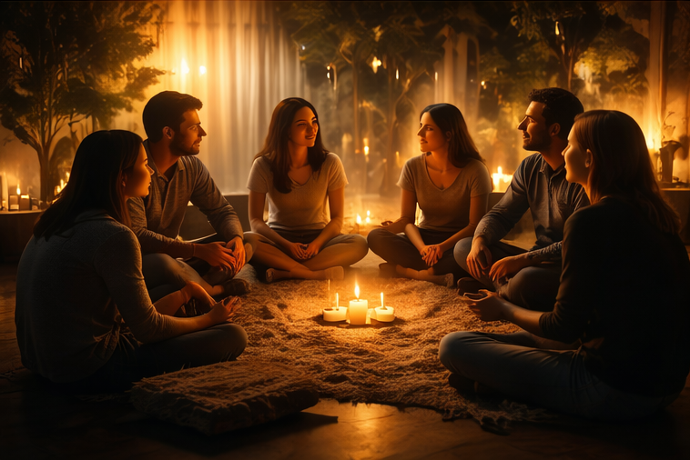 people sitting in a circle in candle light people sitting in a circle in candle light