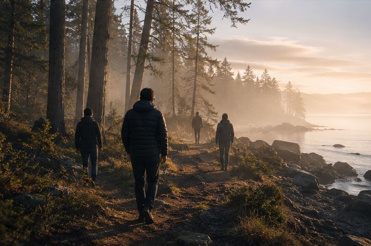 People walking along a lake separated by distance
