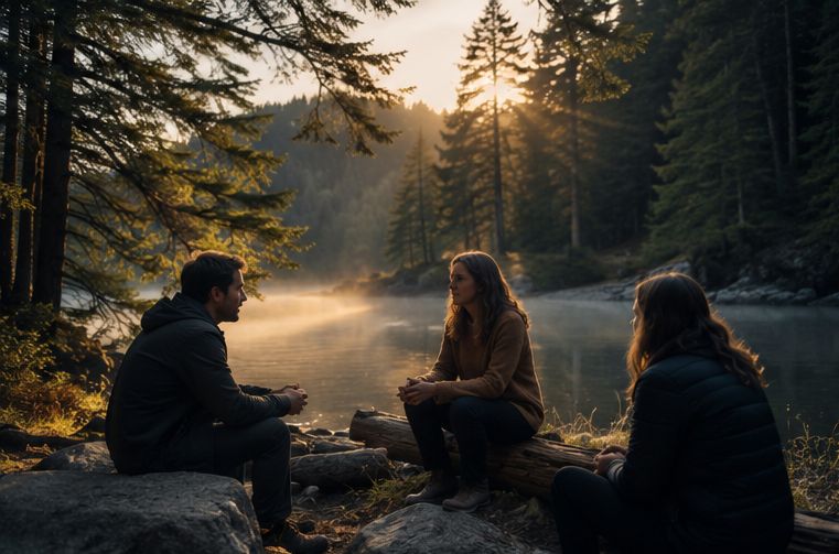 Three people sitting around a campfire