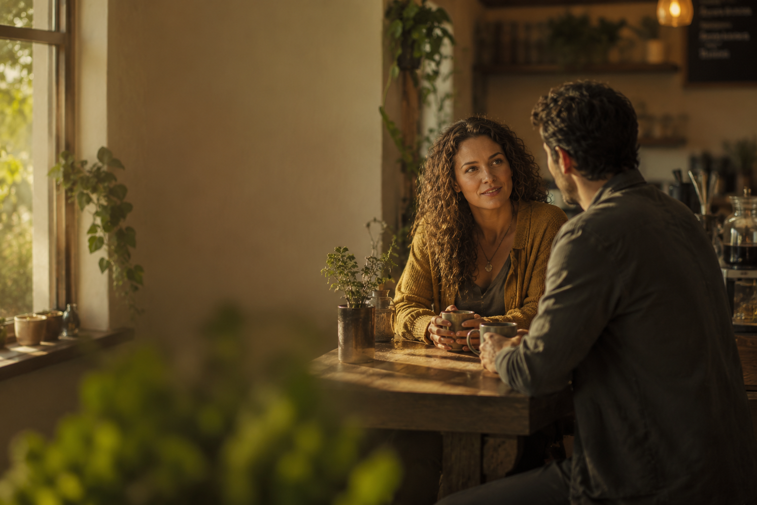 A man and a woman sitting together having coffee and a conversation 