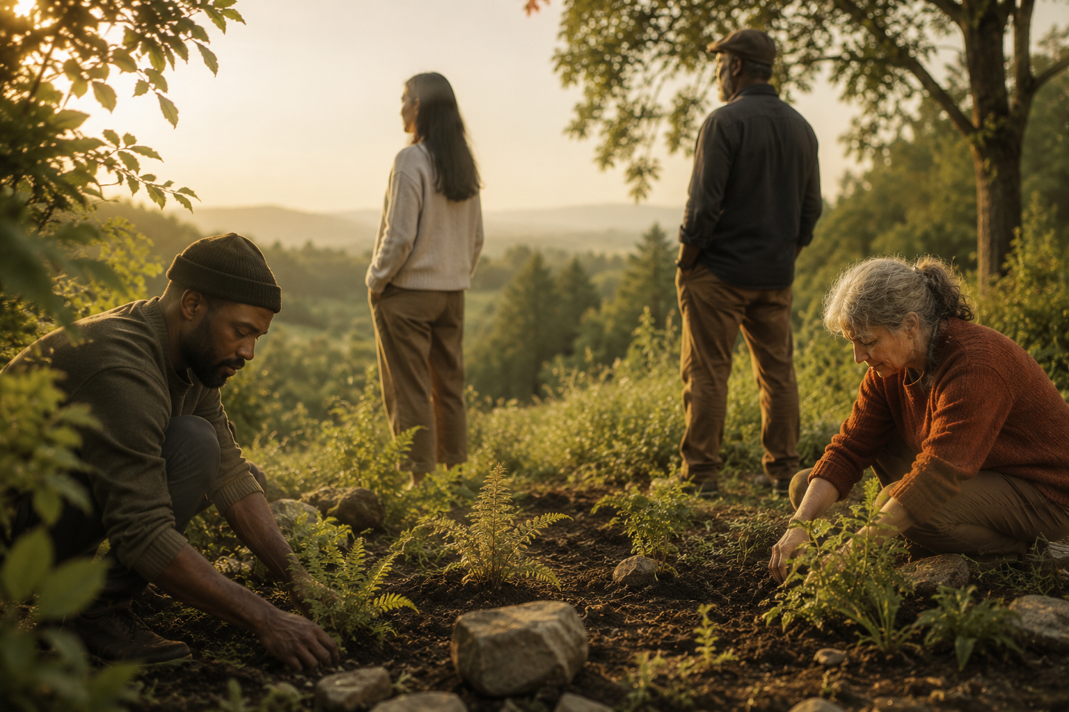 Connecting to the earth - two people digging in the earth with their hands and two others gazing over the valley below