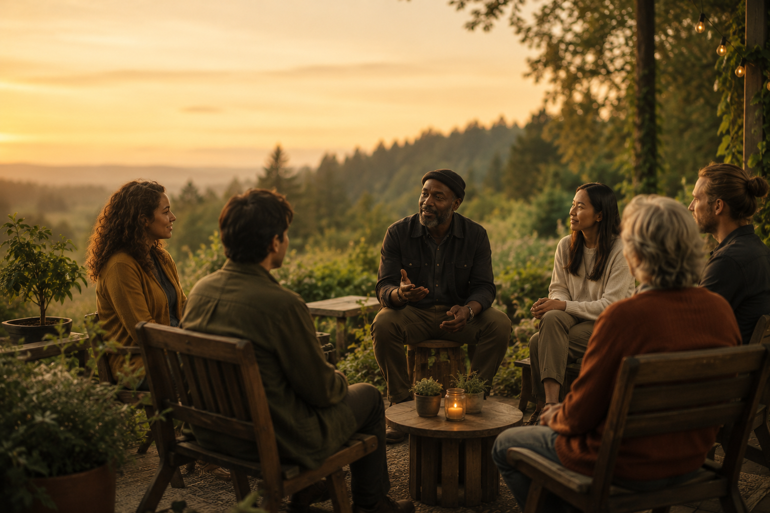 people sitting in a circle in nature having a conversation