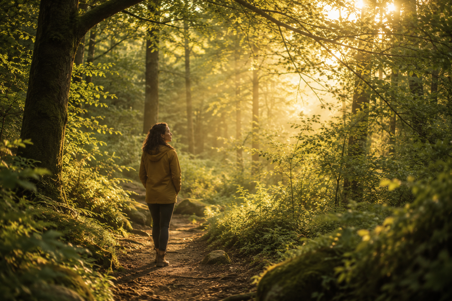 A woman walking through a forest