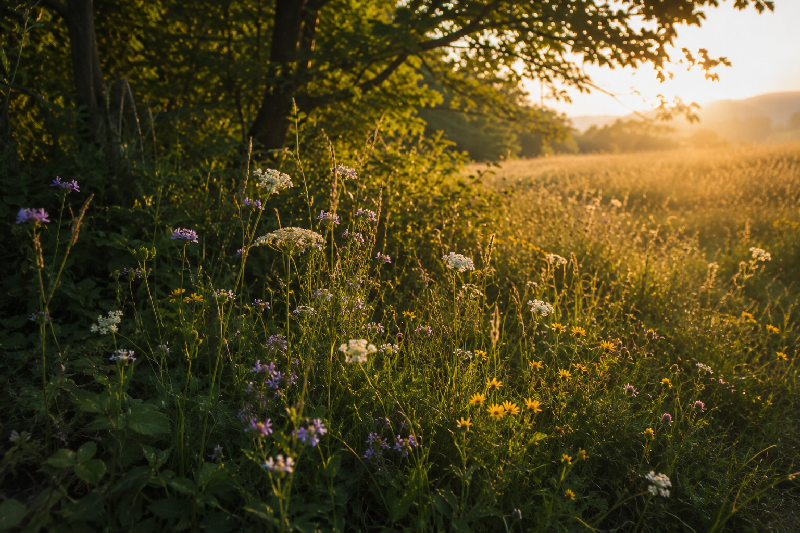 A woodland edge or meadow border where wildflowers are gradually emerging from cool shadow into warm sunlight. Some flowers remain partly concealed among grasses and foliage, while others have reached the light and are opening fully.