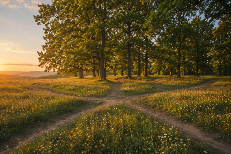 A spacious meadow or natural clearing where several subtle footpaths approach from different directions and converge near an open grove of mature trees illuminated by warm evening light.