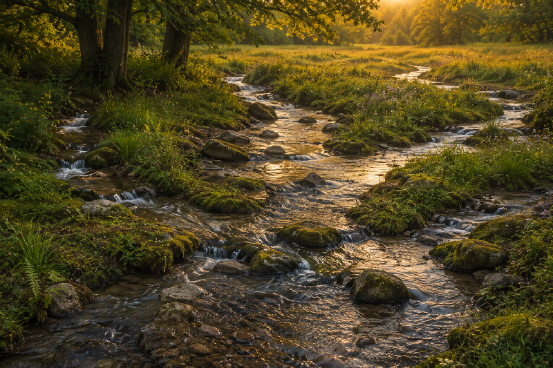 Several small woodland streams or meadow rivulets flow from different directions and gently converge into one clear, living creek.