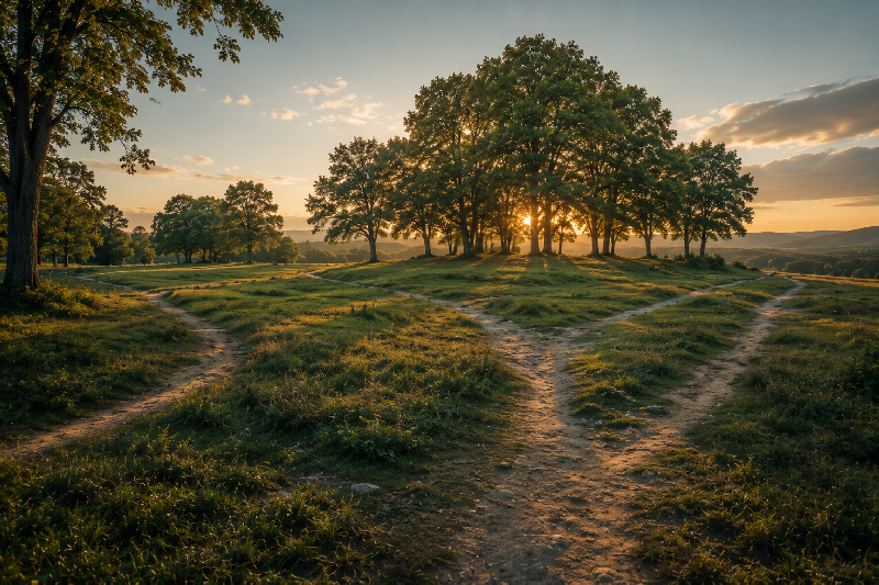 Several trails moving in different directions through meadow at sunrise.