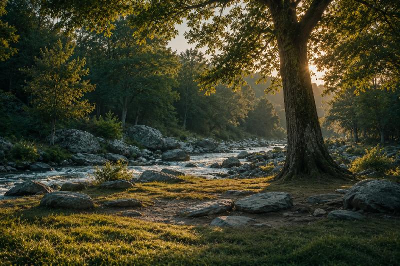 A quiet clearing at the edge of a stream crossing, where the landscape shows both firmness and openness.