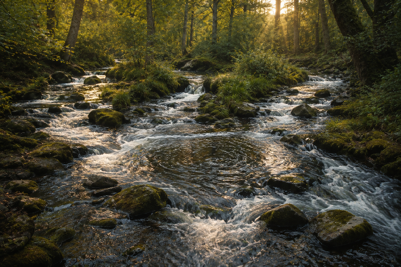 Several streams or currents of water moving from different directions through stones or woodland terrain, creating a confluence where the waters meet, eddy, and continue onward together.