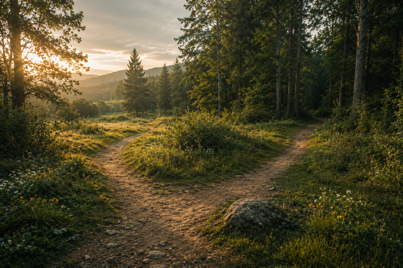 A wide meadow or open natural clearing at warm evening light, with several subtle paths approaching from different directions toward one shared open space or grove