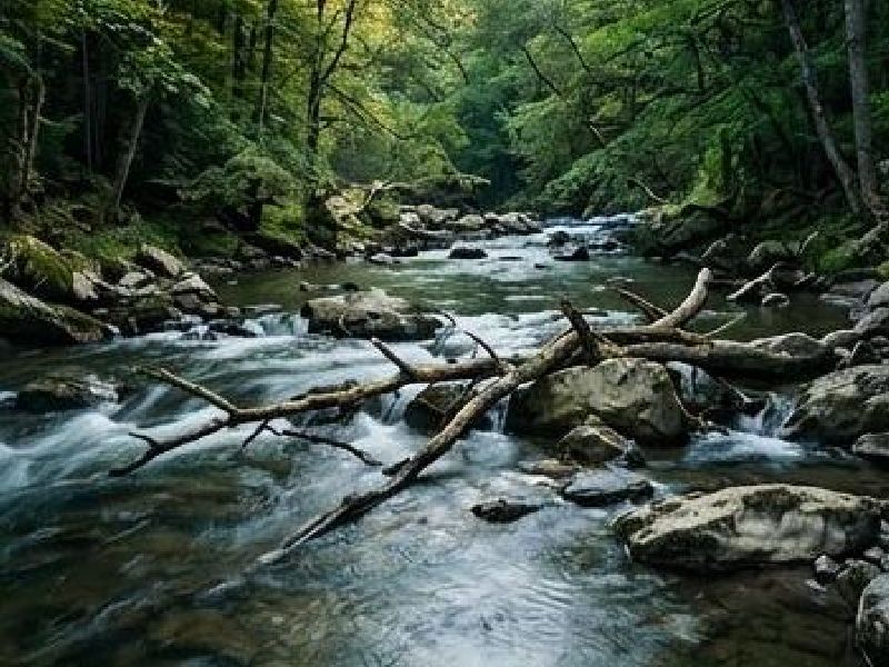 A living river moving through a forested landscape and flowing naturally around a series of large stones and fallen branches.