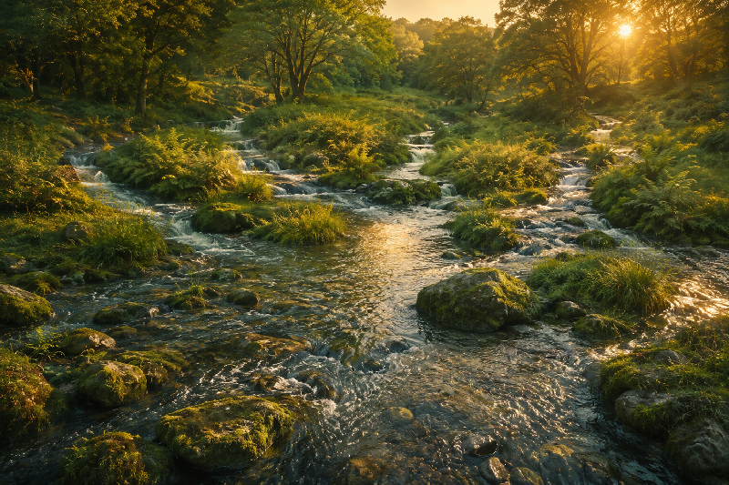 Multiple streams in a forest flowing and joining together into one. Multiple streams in a forest flowing and joining together into one.