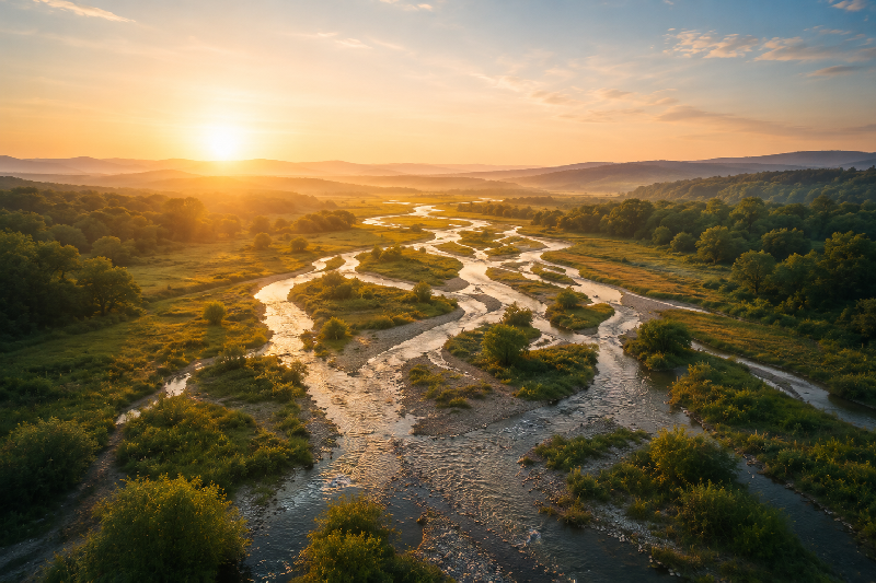 A wilderness river with many channels flowing in one direction. A wilderness river with many channels flowing in one direction.