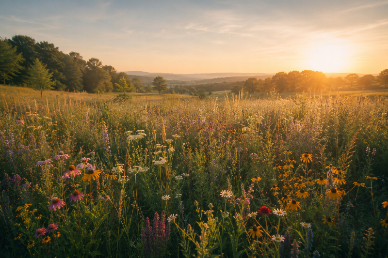 Wildflowers in an open meadow at sunrise. Wildflowers in an open meadow at sunrise.