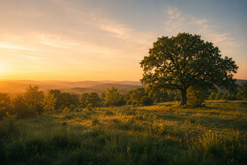 A large tree standing in an open meadow at sunrise A large tree standing in an open meadow at sunrise