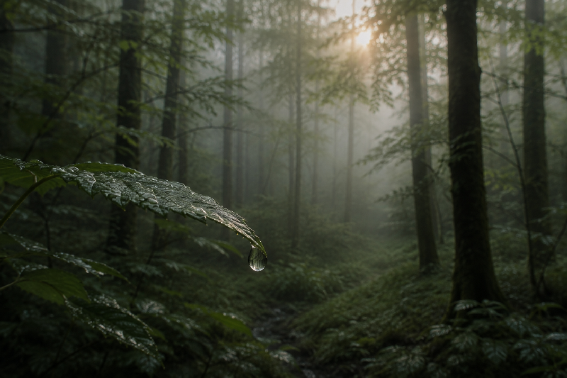 A quiet forest in early morning immediately after rainfall. Tall trees recede softly into mist, while droplets cling to leaves and branches. In the foreground, one delicate leaf holds a single clear drop of water reflecting the surrounding forest. The atmosphere feels hushed, as though the world has become quiet enough for subtle things to be noticed again