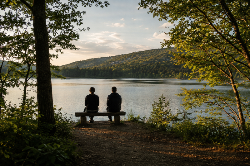Two people sitting quietly beside one another on a simple weathered wooden bench overlooking a calm natural landscape, photographed from behind and at some distance. They are not speaking or gesturing; their relaxed posture suggests comfortable presence and deep companionship rather than conversation. There is generous open space around and between them. Soft late-afternoon light filters through surrounding trees, with deep natural greens and understated warm gold.