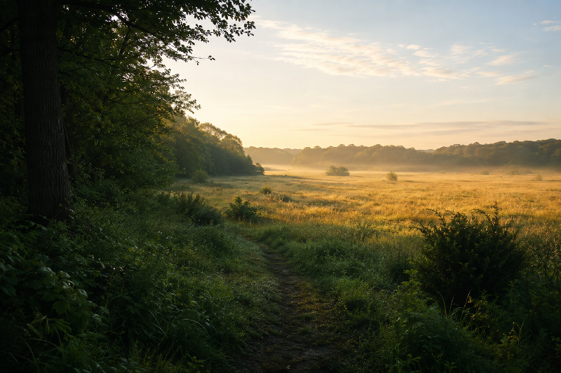 A wide natural landscape at the threshold between forest and open meadow shortly after sunrise. The foreground begins in cool, shadowed green beneath trees and gradually opens toward a spacious meadow illuminated by gentle golden morning light. A faint natural path enters the meadow but disappears into the distance without revealing a destination. The image conveys receptivity, uncertainty, possibility and movement without needing to know where the path leads.