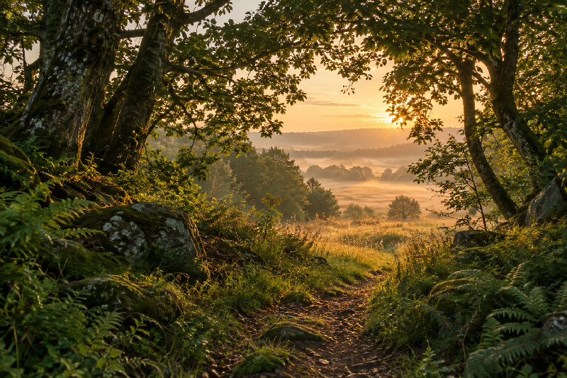 View from within a shaded forest toward a naturally opening clearing at dawn, several different trees framing the scene from both sides while a soft path or opening through grasses leads toward warm light ahead. View from within a shaded forest toward a naturally opening clearing at dawn, several different trees framing the scene from both sides while a soft path or opening through grasses leads toward warm light ahead.